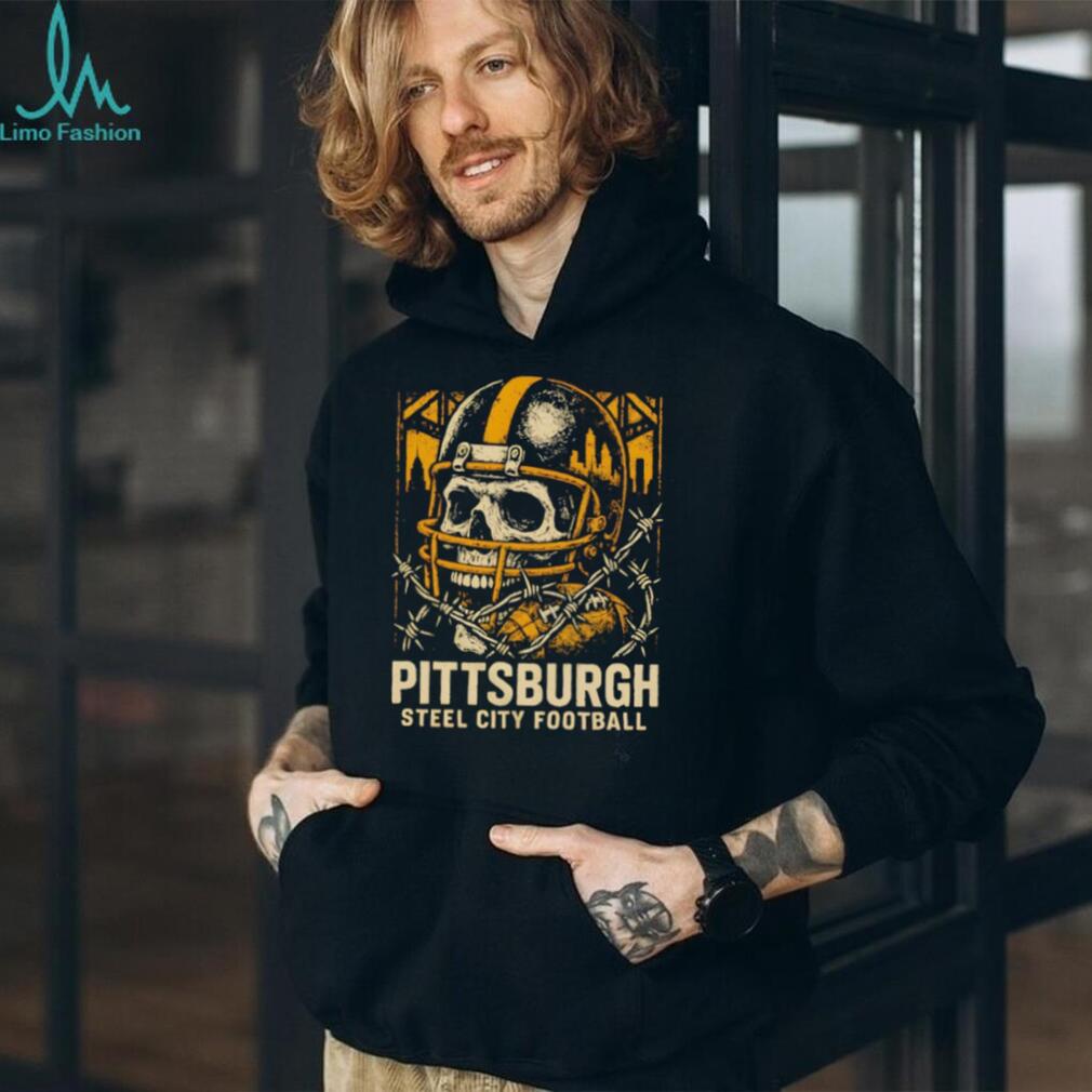 Pittsburgh Steel City Football Skull Helmet Barbed Wire Vintage Game Day T Shirt
