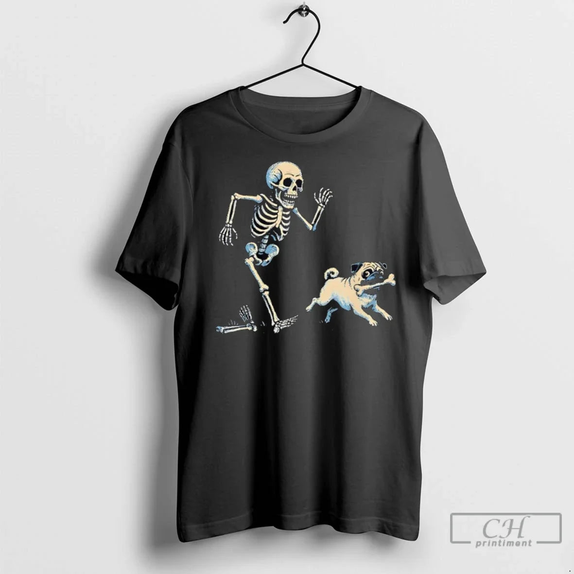 Premium Skeleton Chasing Pug Halloween Dog Mom Pug