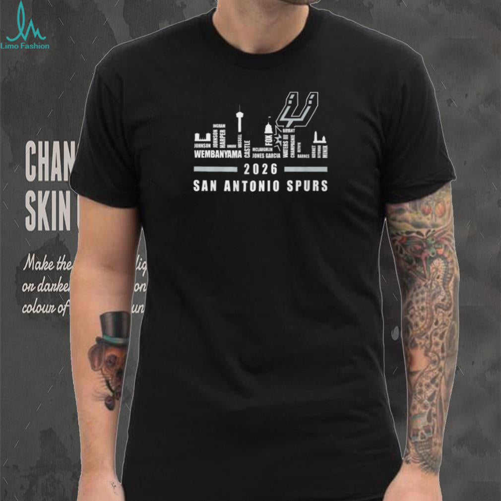 San Antonio Spurs Victor Wembanyama 2026 Roster Names Black White City Skyline T Shirt