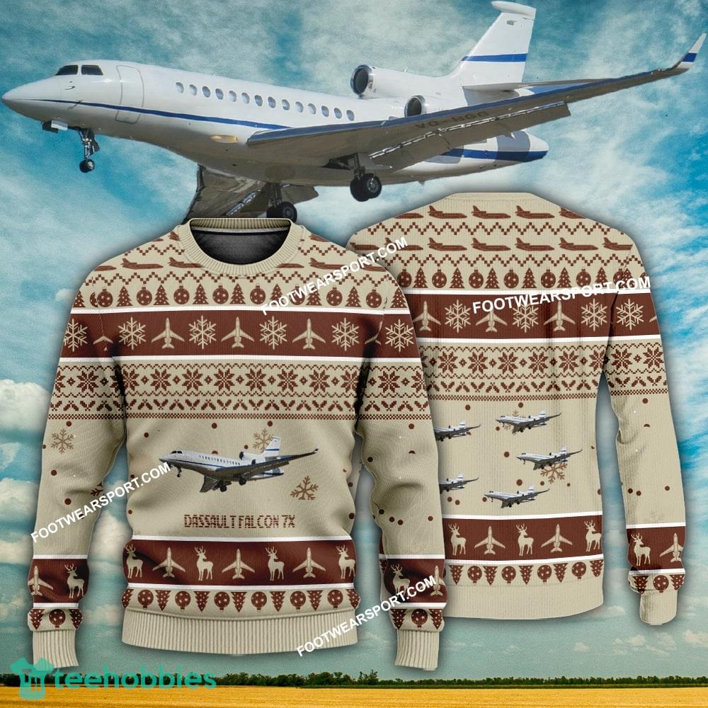 Aircraft Design Dassault Falcon 7X Ugly Christmas 3D Sweater Gift Veteran