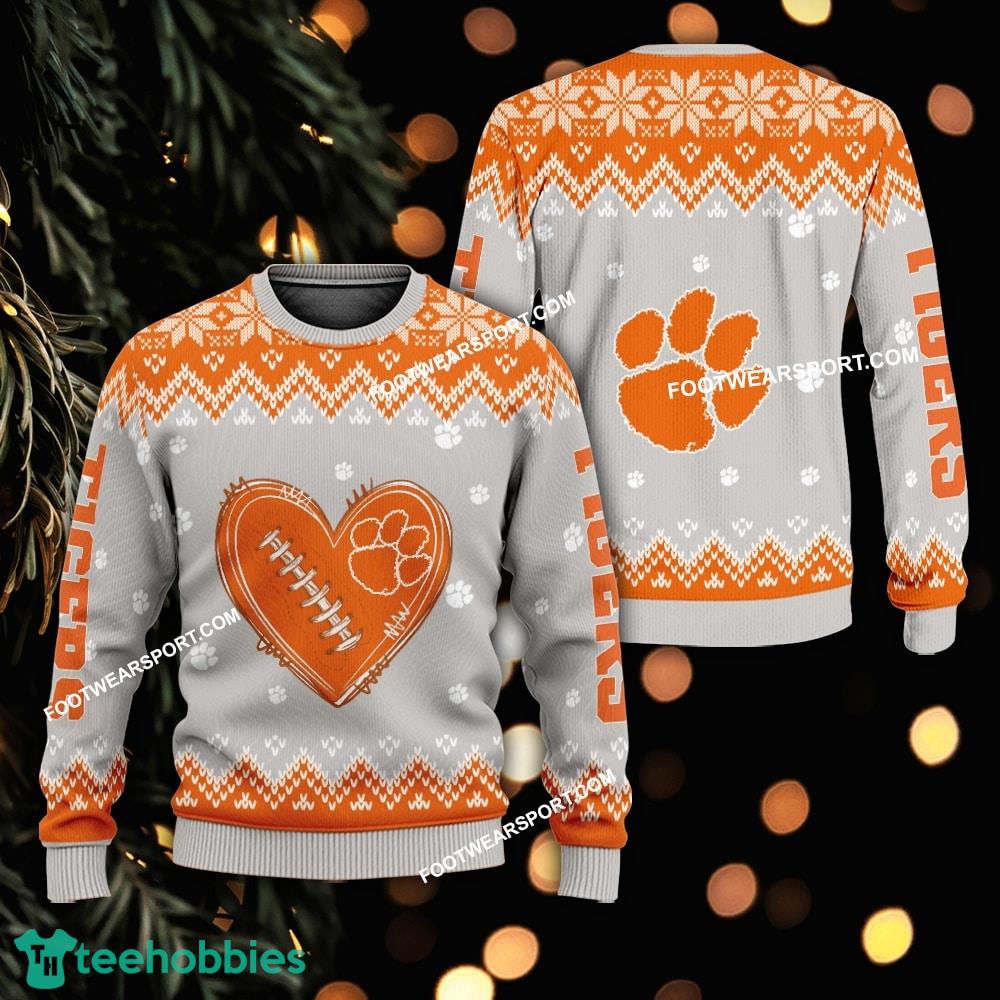 Design Heart Football Clemson Tigers Christmas Sweater For Men Women