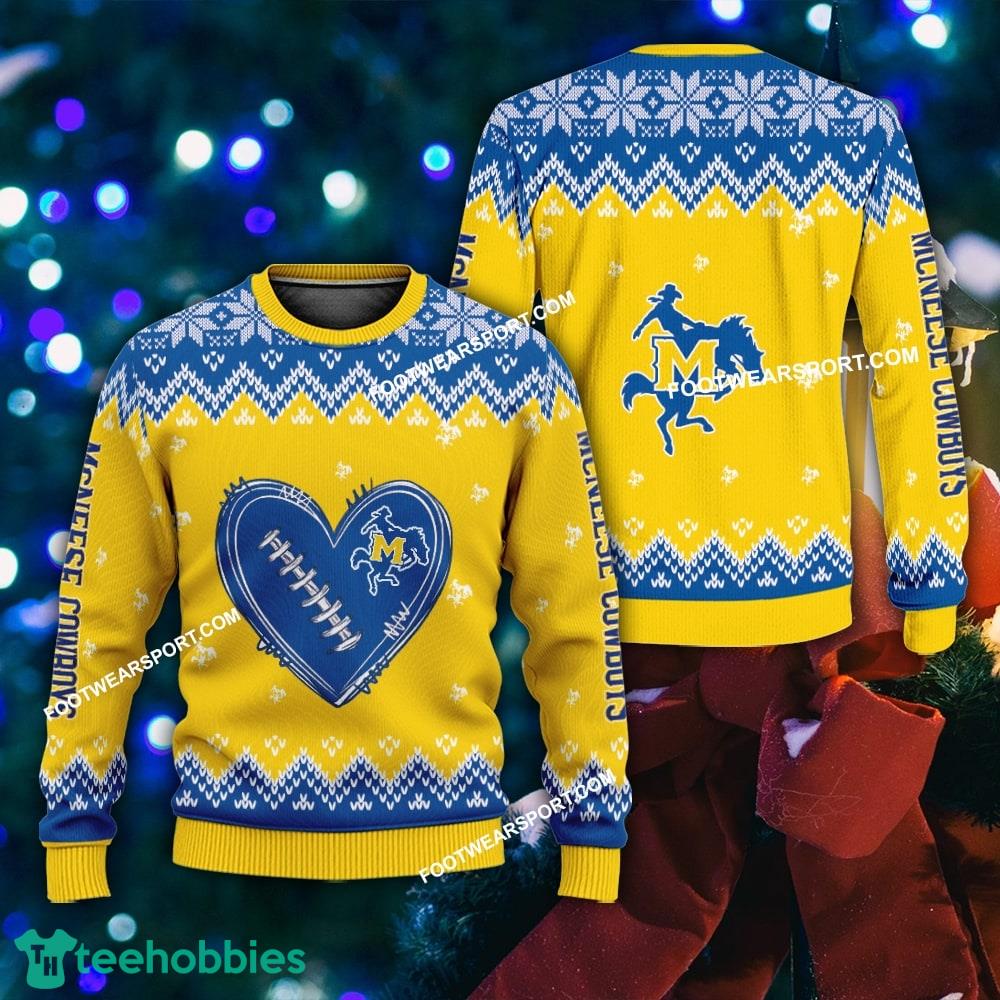 Design Heart Football McNeese State Cowboys Christmas Sweater AOP Gift For Adult