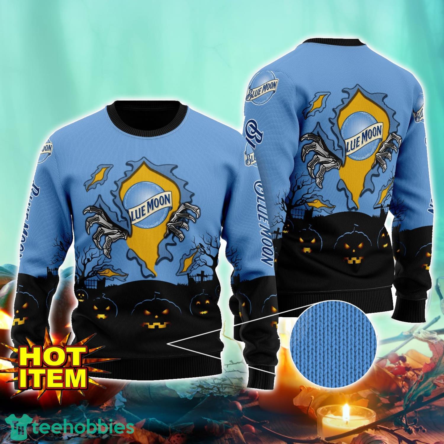 Blue Moon Scary Night Halloween Hand Pull Out Halloween 3D Sweater For Men and Women