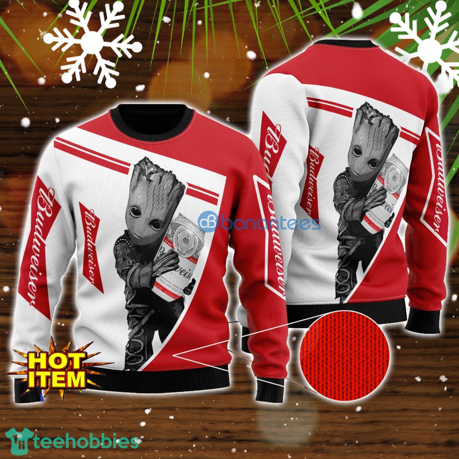 Budweiser Beer And Baby Groot 3D Ugly Christmas Sweater For Men And Women Christmas Gift