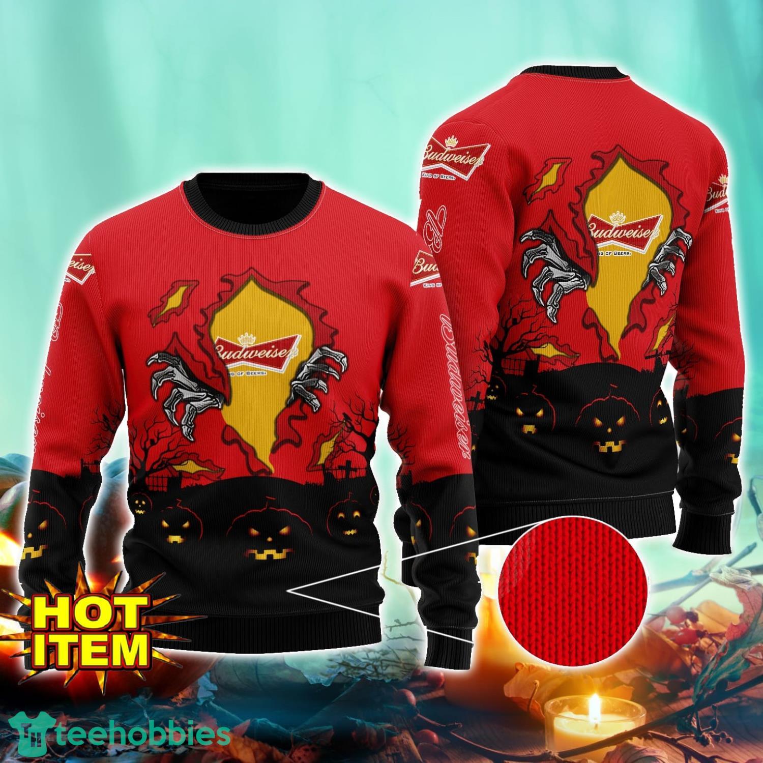 Budweiser Scary Night Halloween Hand Pull Out Halloween 3D Sweater For Men and Women