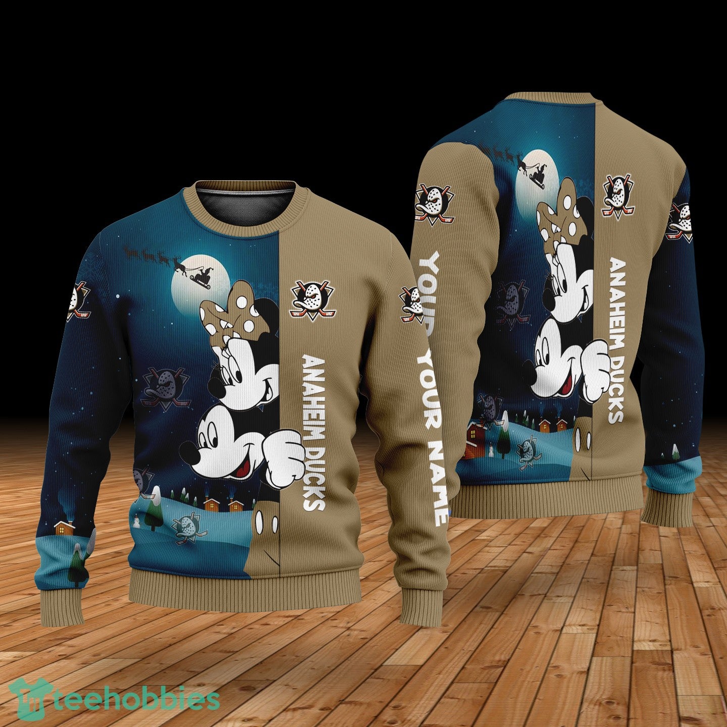 Custom Name Anaheim Ducks Cartoon Mouse Couple Christmas 3D Sweater