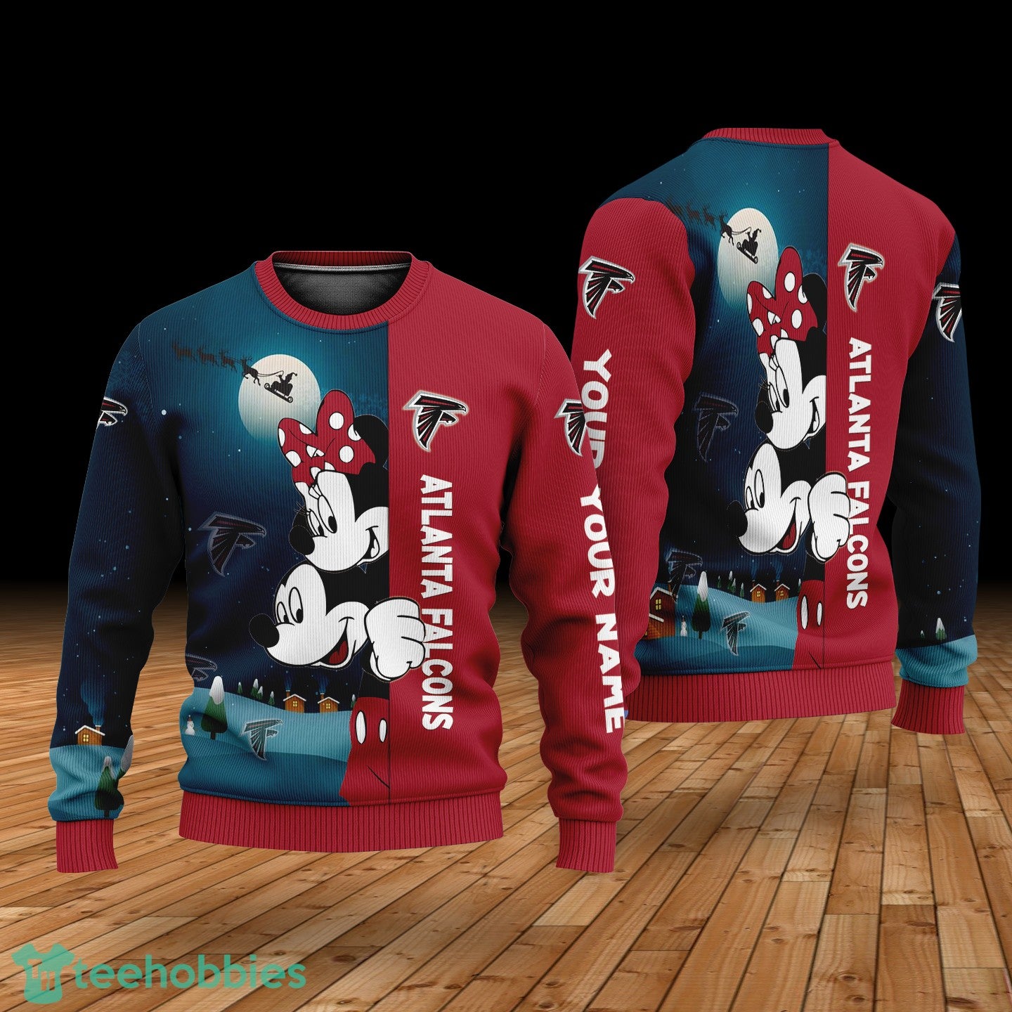 Custom Name Atlanta Falcons Cartoon Mouse Couple Christmas 3D Sweater