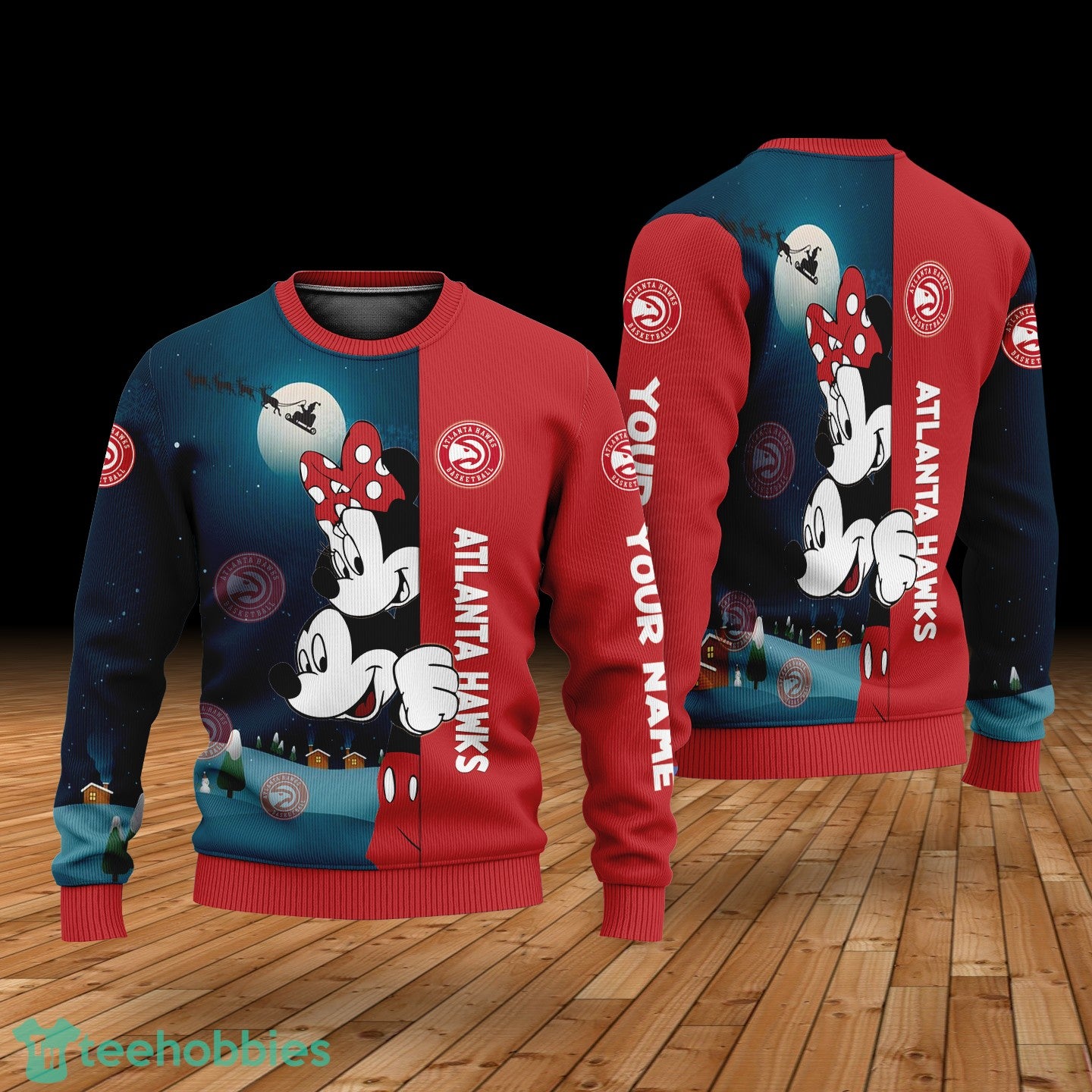 Custom Name Atlanta Hawks Cartoon Mouse Couple Christmas 3D Sweater