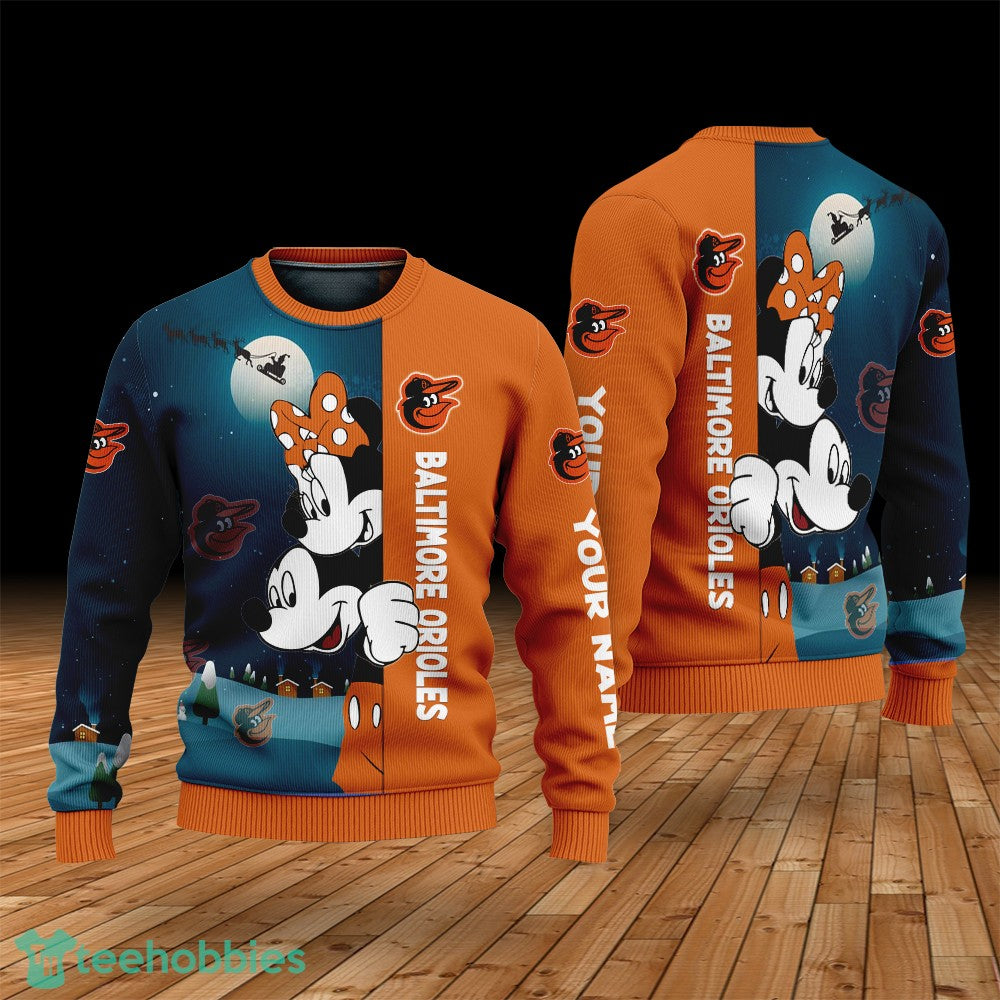 Custom Name Baltimore Orioles Cartoon Mouse Couple Christmas 3D Sweater