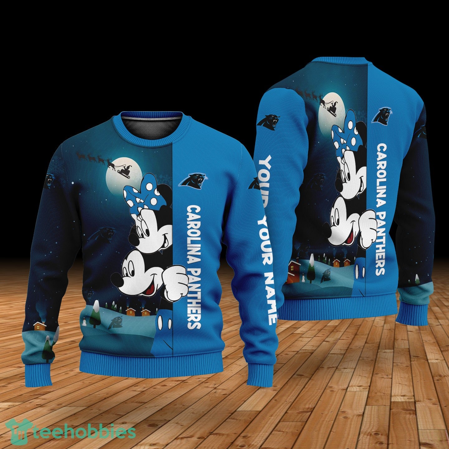 Custom Name Carolina Panthers Cartoon Mouse Couple Christmas 3D Sweater