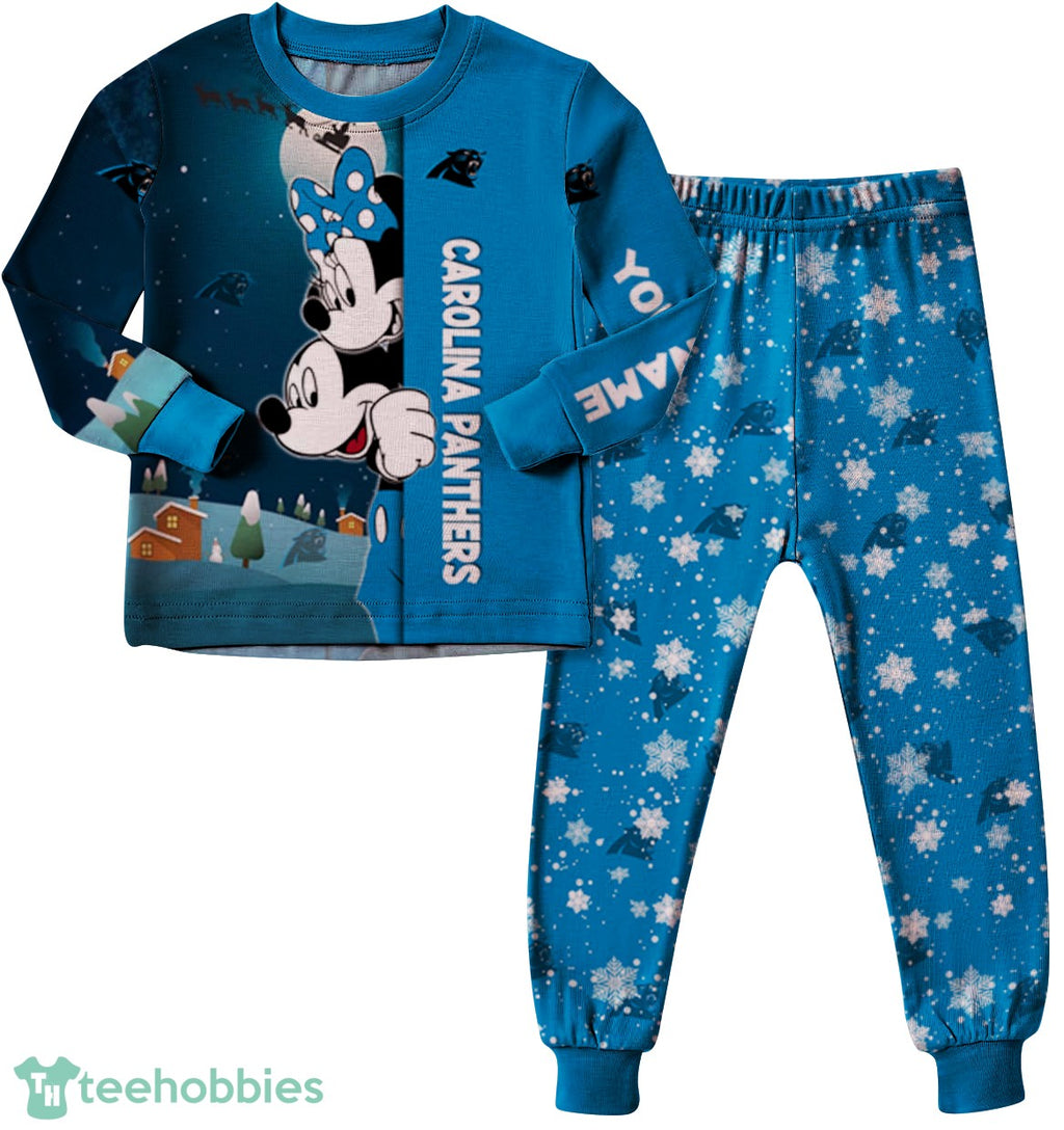 Custom Name Carolina Panthers Cartoon Mouse Couple Christmas Matching Pajamas Set