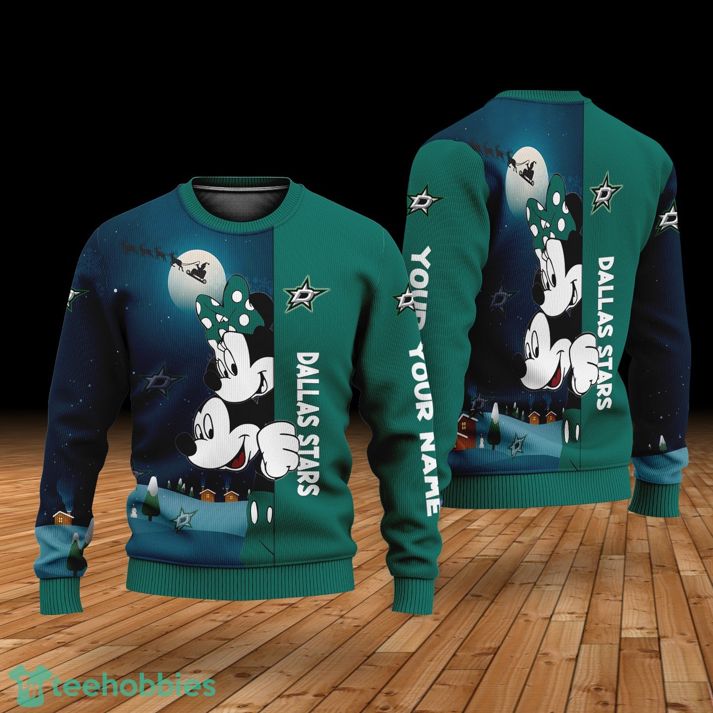 Custom Name Dallas Stars Cartoon Mouse Couple Christmas 3D Sweater