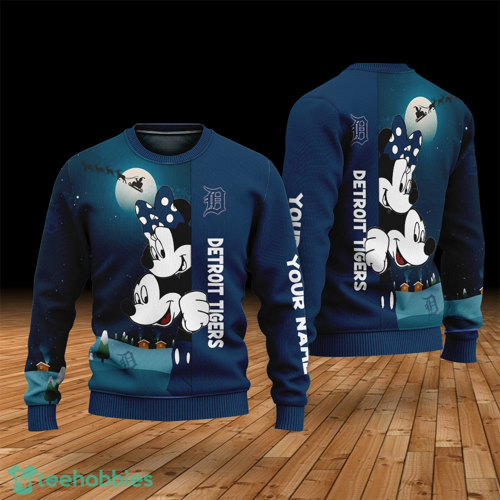 Custom Name Detroit Tigers Cartoon Mouse Couple Christmas 3D Sweater