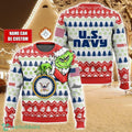 Custom Name Face Grinch x US Navy Ugly Christmas Sweater Christmas Gift For Family Holiday Gift