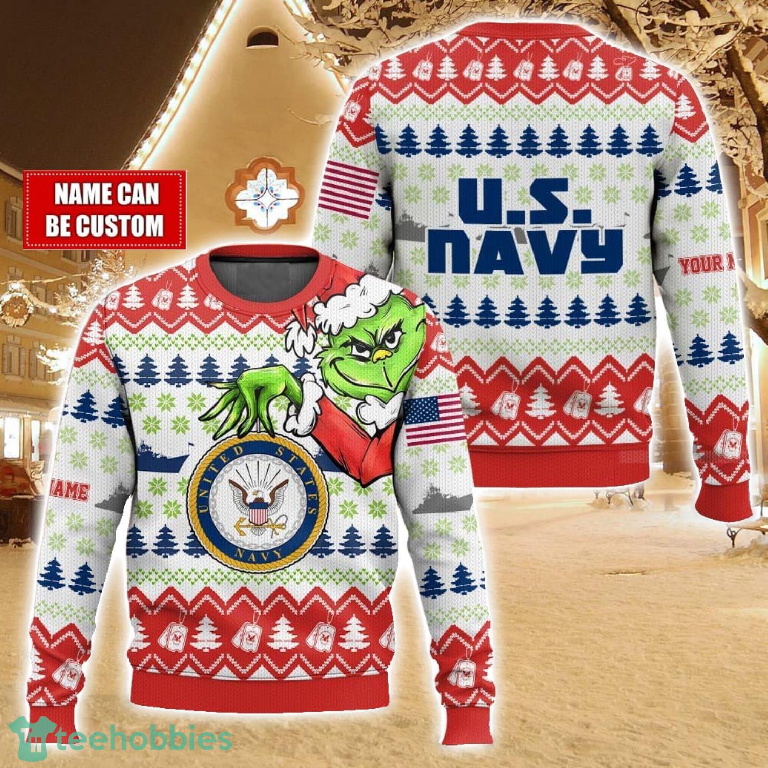Custom Name Face Grinch x US Navy Ugly Christmas Sweater Christmas Gift For Family Holiday Gift
