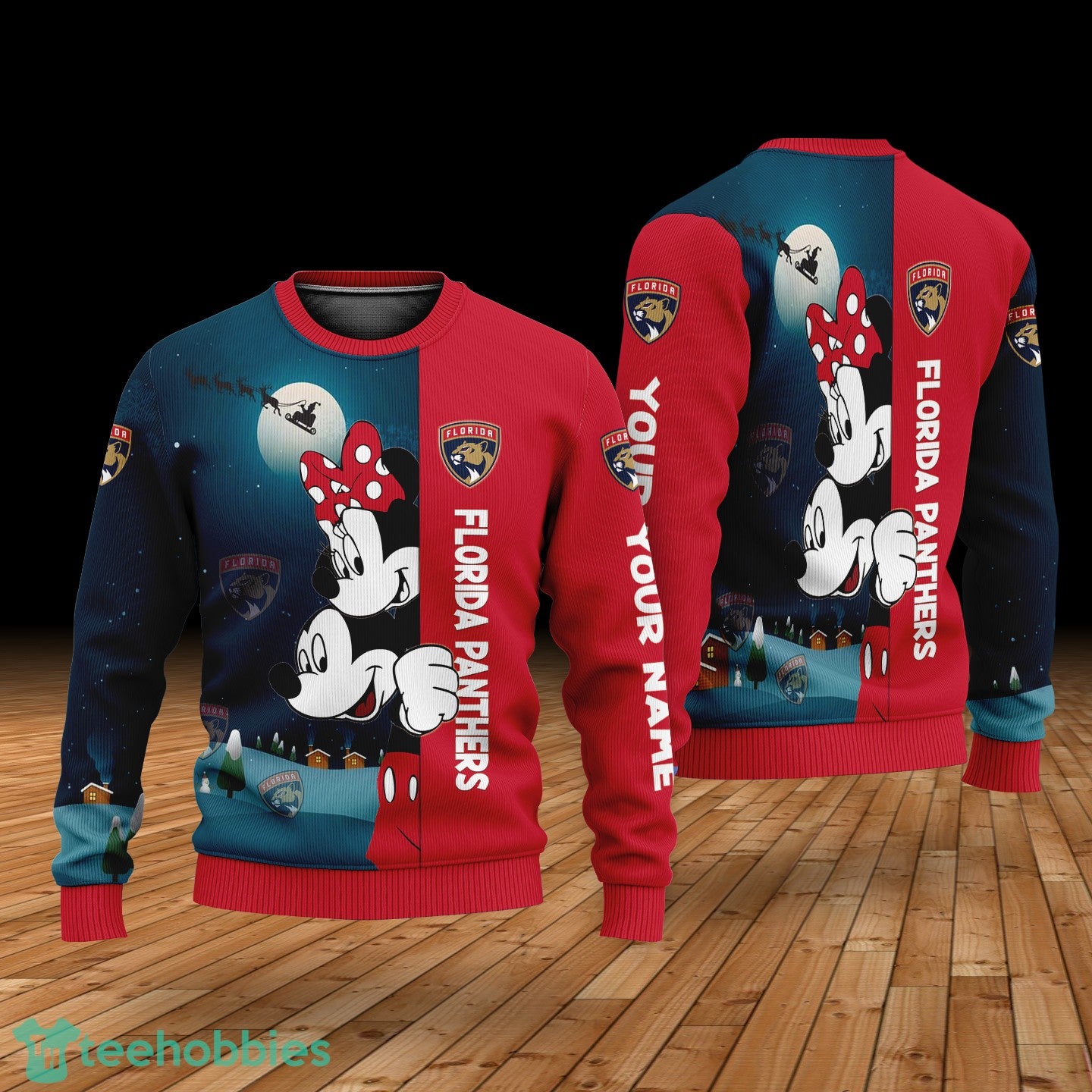 Custom Name Florida Panthers Cartoon Mouse Couple Christmas 3D Sweater