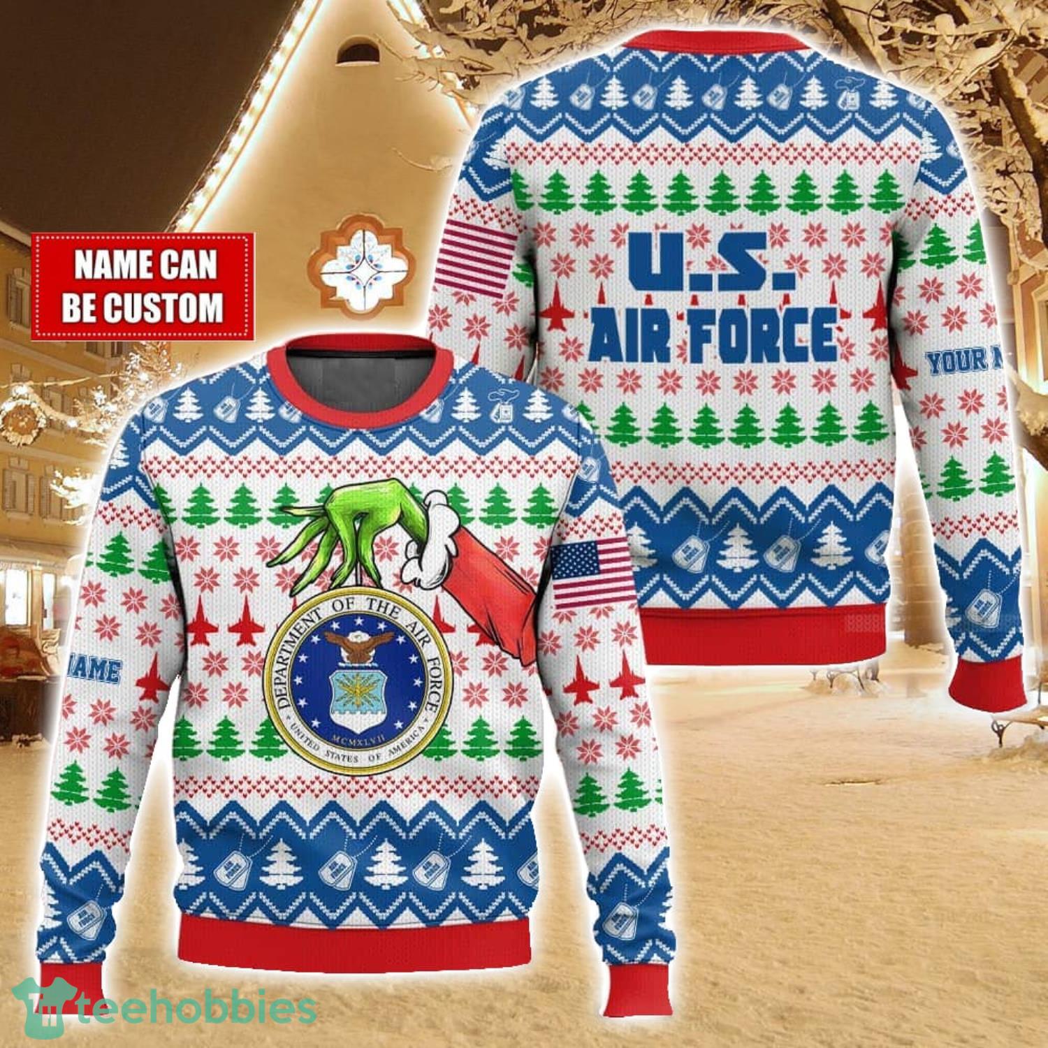 Custom Name Hand Grinch x US Air Force Ugly Christmas Sweater Christmas Gift For Family Holiday Gift