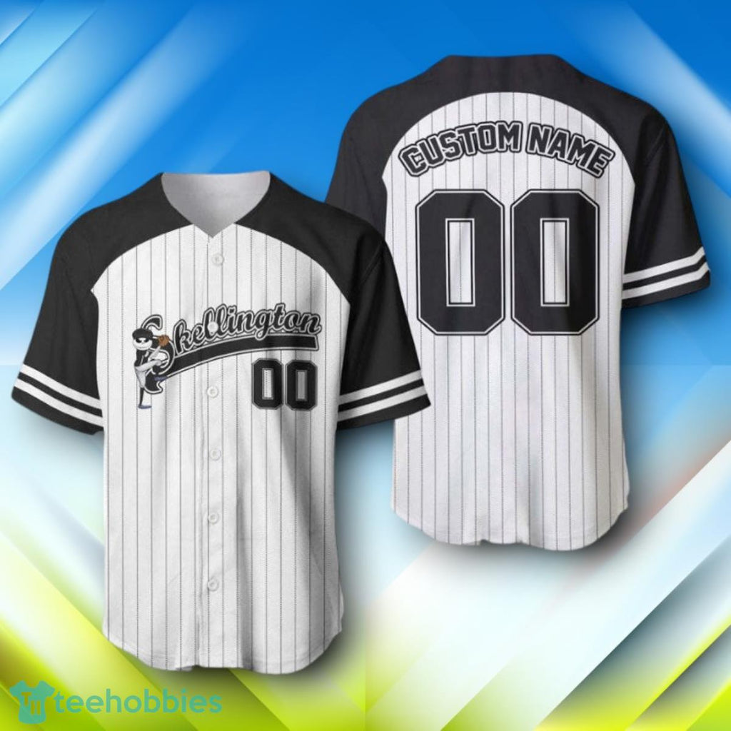 Custom Name Jack Skellington Striped Black Halloween Baseball Jersey Style Gift