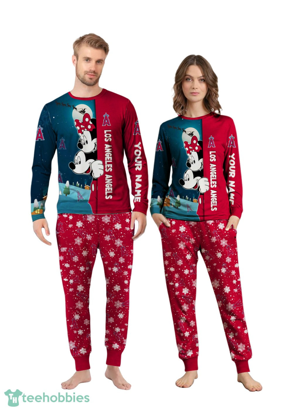 Custom Name Los Angeles Angels Cartoon Mouse Couple Christmas Matching Pajamas Set
