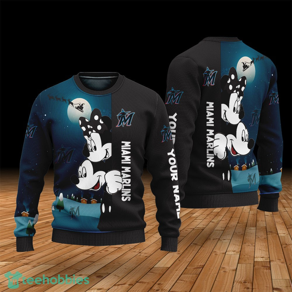 Custom Name Miami Marlins Cartoon Mouse Couple Christmas 3D Sweater