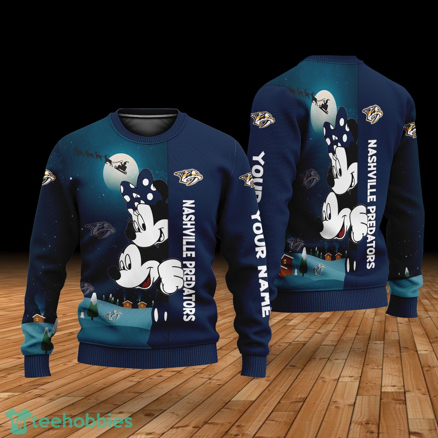 Custom Name Nashville Predators Cartoon Mouse Couple Christmas 3D Sweater