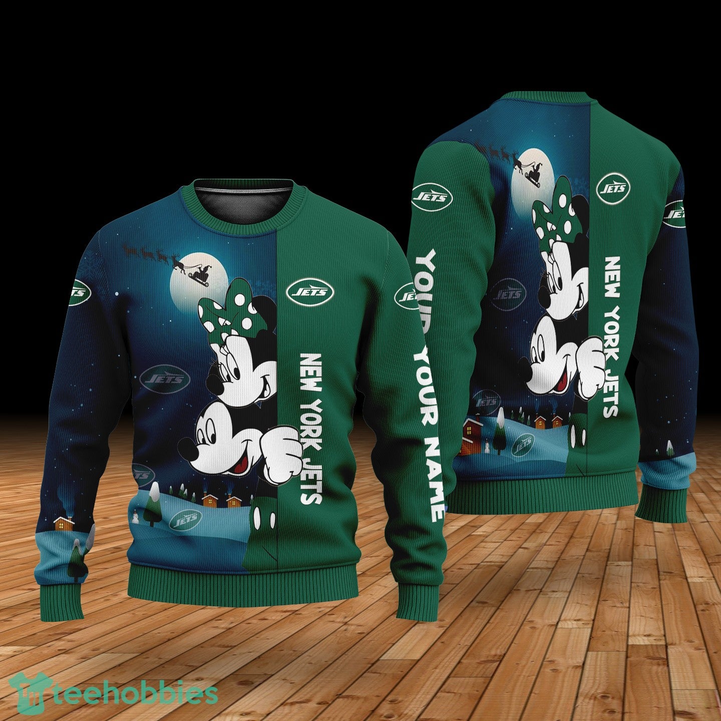 Custom Name New York Jets Cartoon Mouse Couple Christmas 3D Sweater