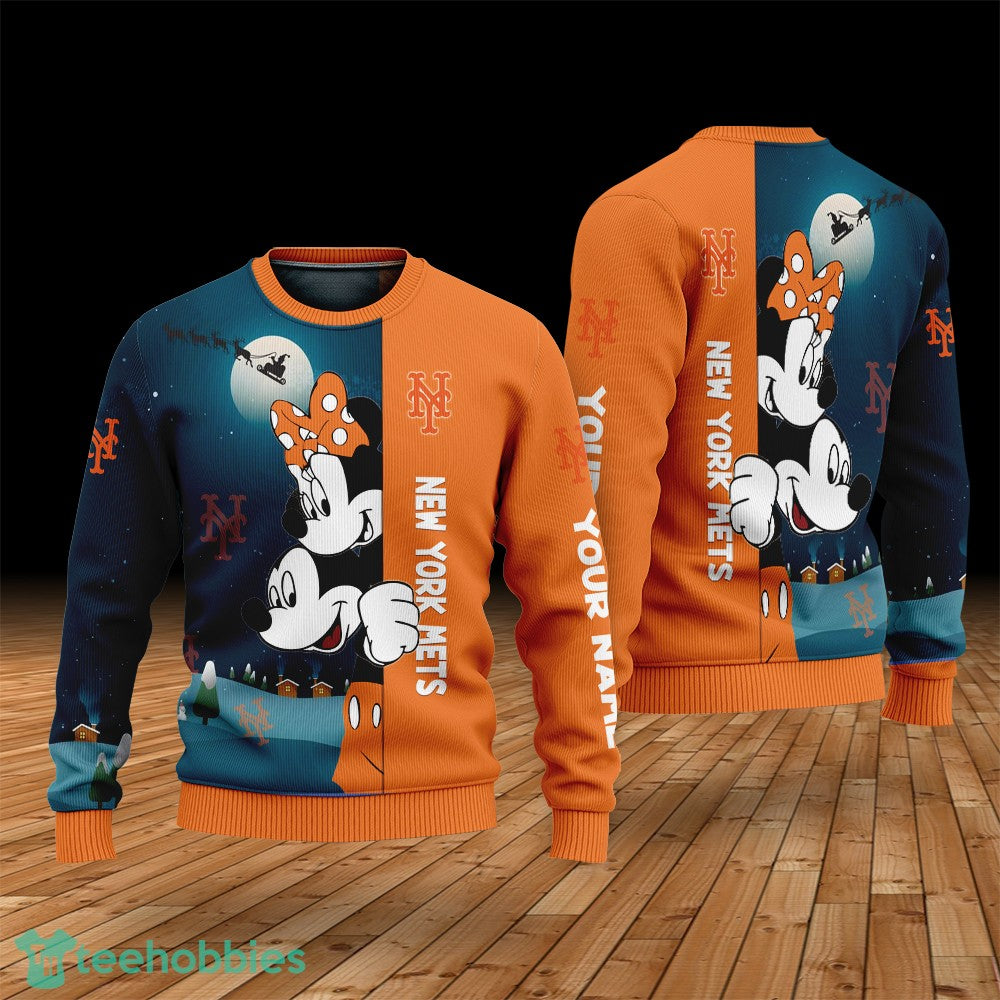 Custom Name New York Mets Cartoon Mouse Couple Christmas 3D Sweater