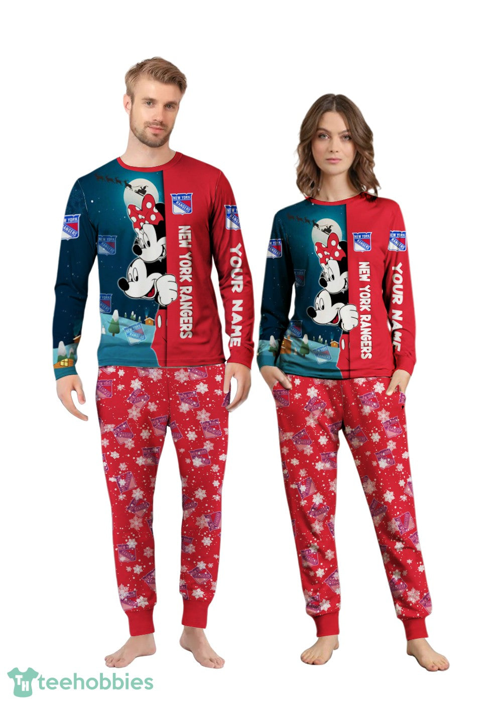 Custom Name New York Rangers Cartoon Mouse Couple Christmas Matching Pajamas Set