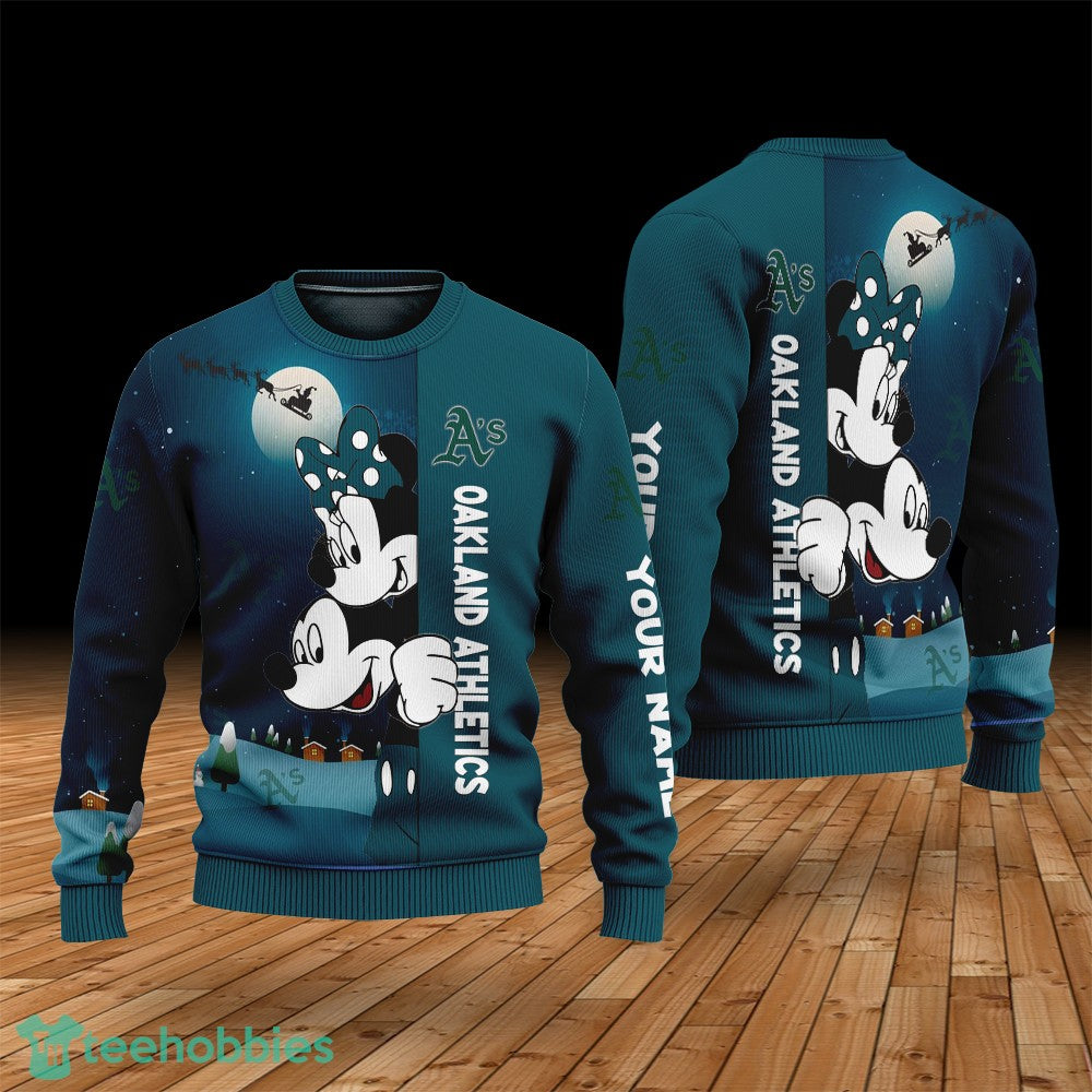 Custom Name Oakland Athletics Cartoon Mouse Couple Christmas 3D Sweater