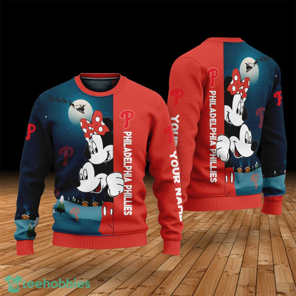 Custom Name Philadelphia Phillies Cartoon Mouse Couple Christmas 3D Sweater