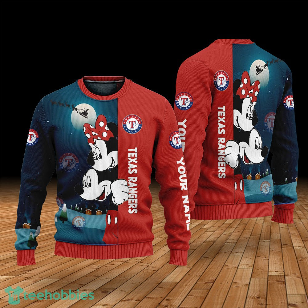 Custom Name Texas Rangers Cartoon Mouse Couple Christmas 3D Sweater