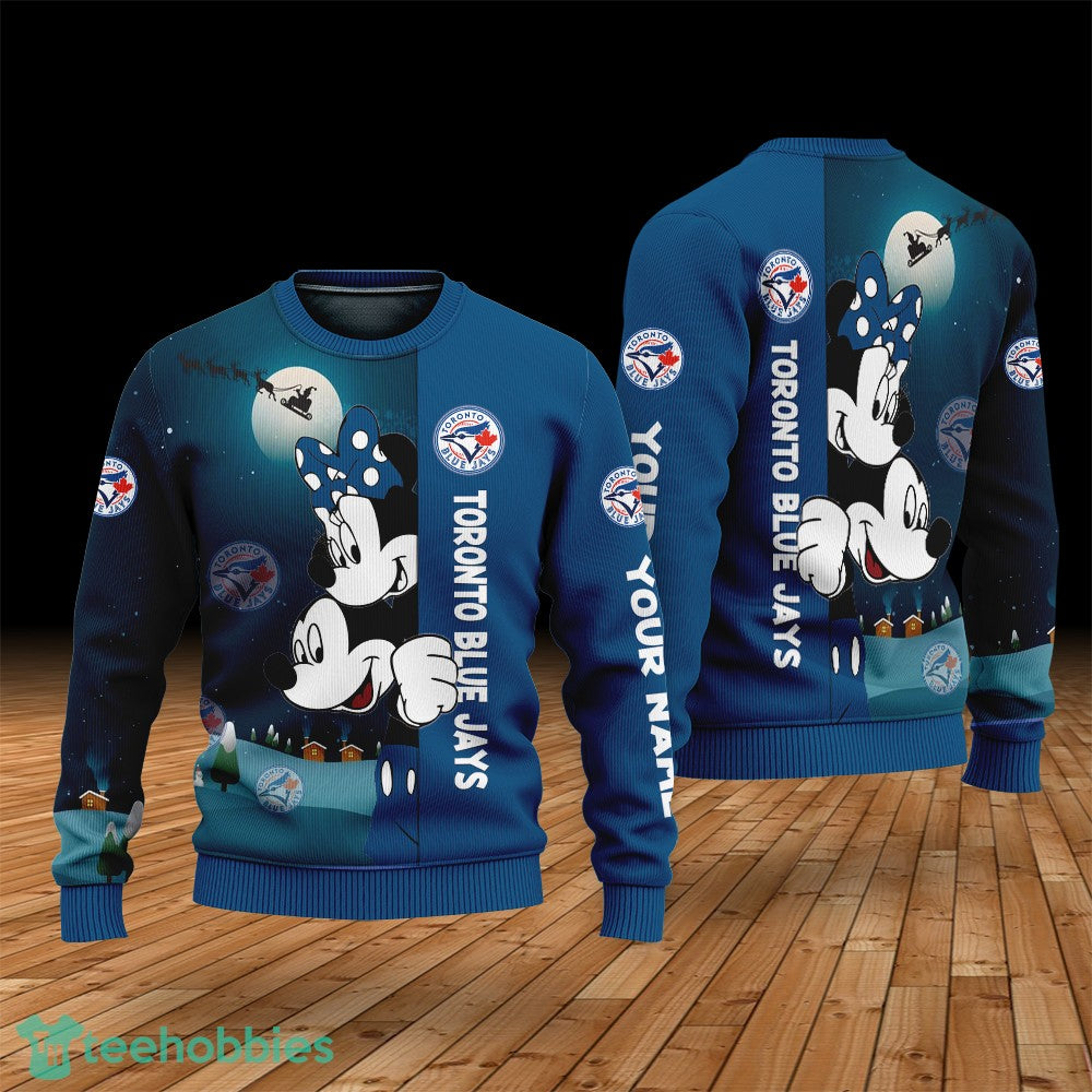 Custom Name Toronto Blue Jays Cartoon Mouse Couple Christmas 3D Sweater