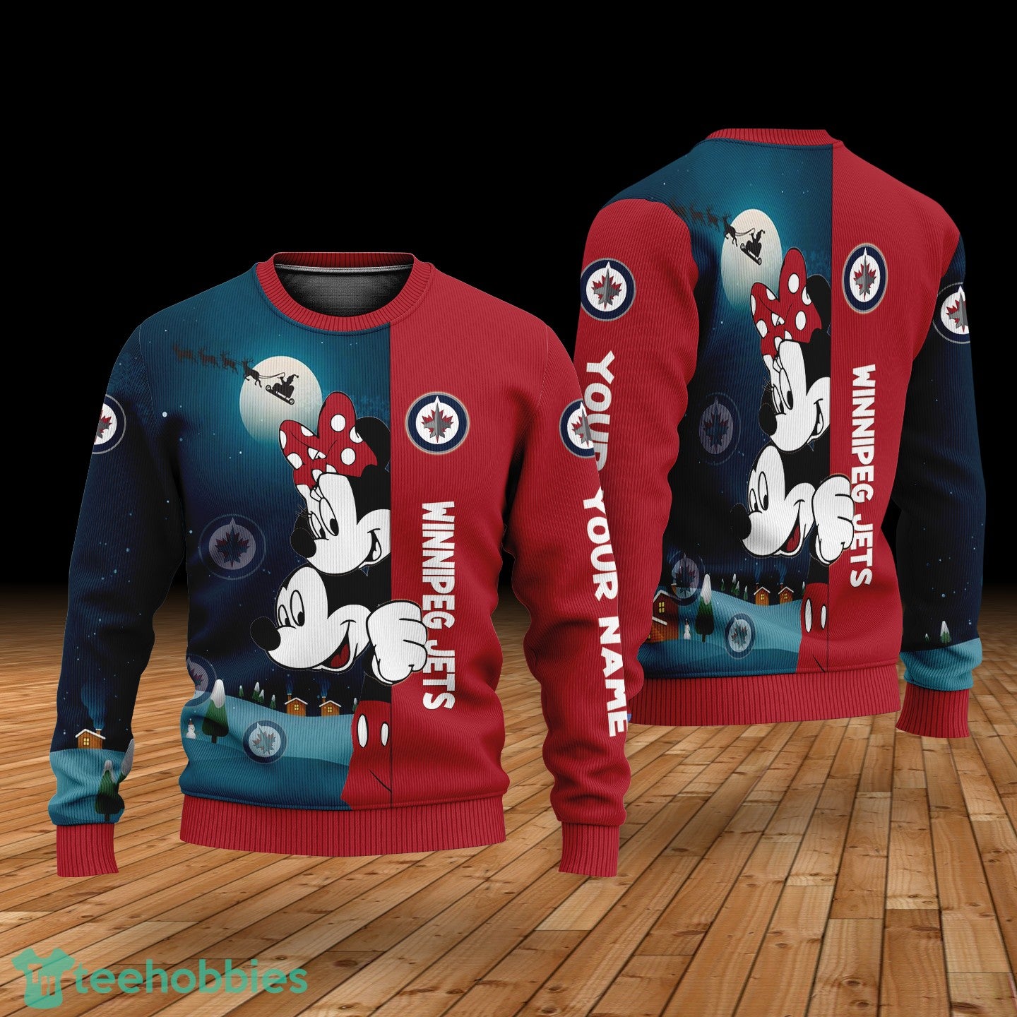 Custom Name Winnipeg Jets Cartoon Mouse Couple Christmas 3D Sweater