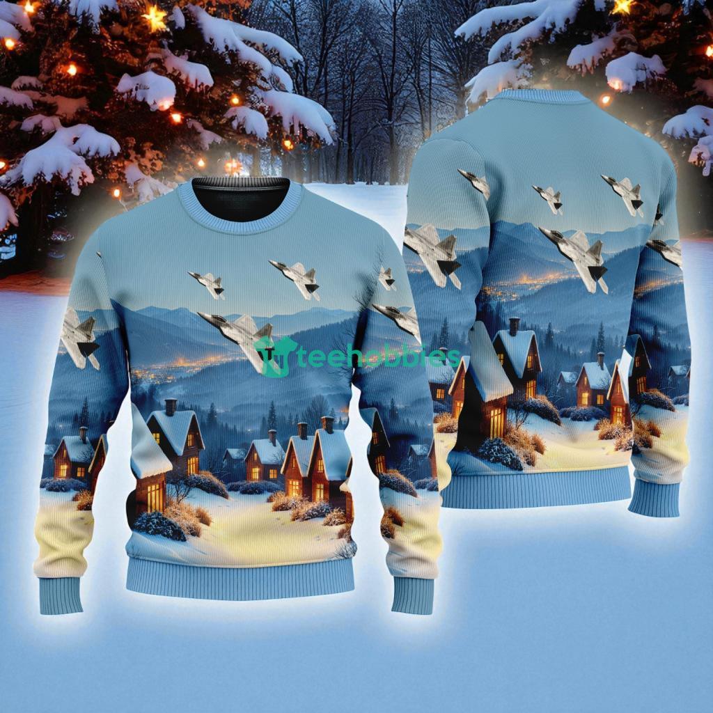 F-22 Raptor American Airlines In The Snowy Christmas Sky Ugly Sweater Best Gift
