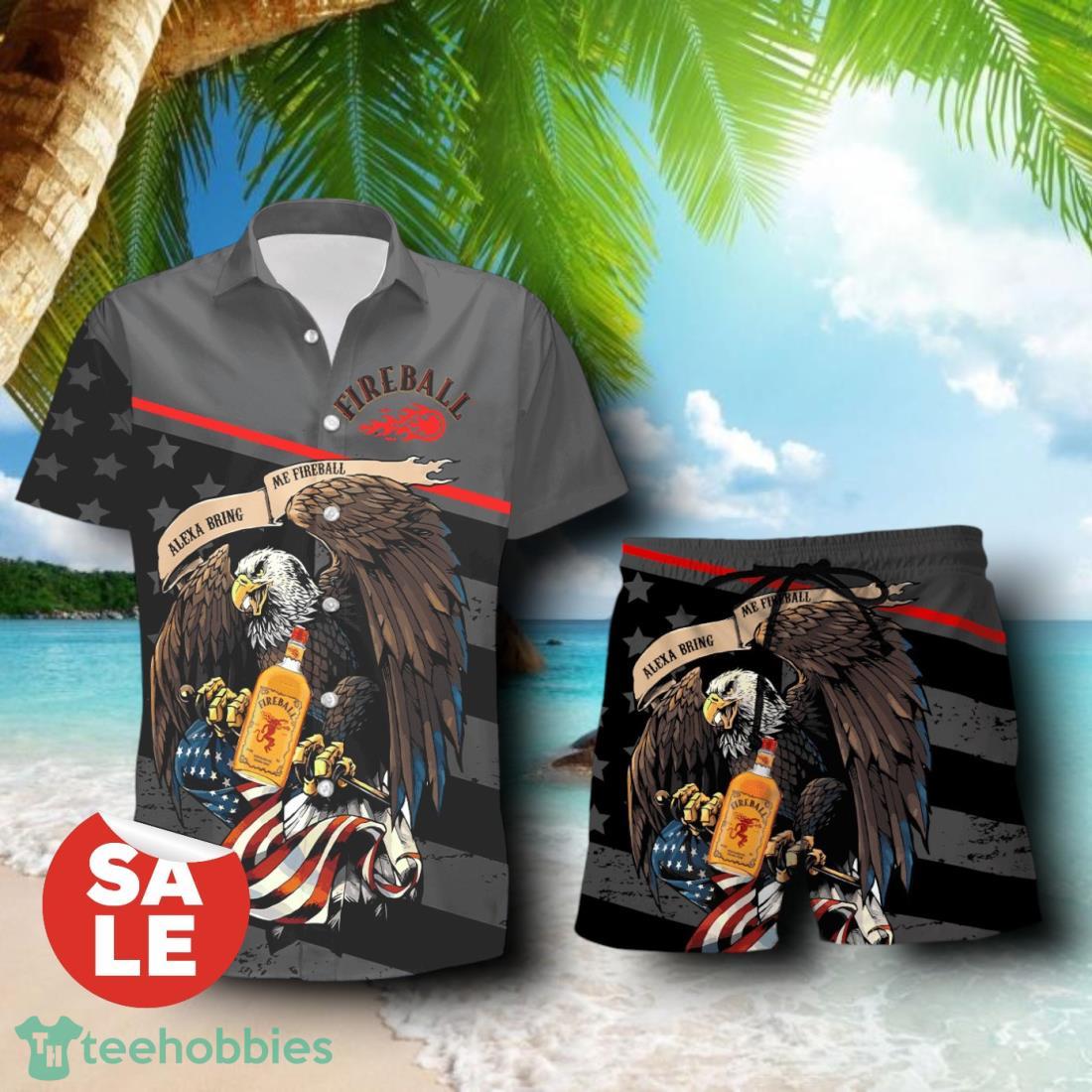 Fireball Cinnamon Whisky Eagle American Flag Combo Hawaiian Shirt & Shorts For Men Women