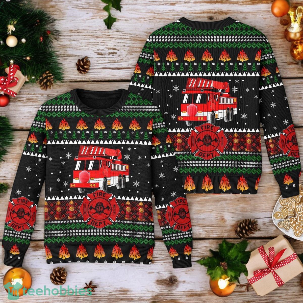 Fireman Ugly Christmas Sweater Firefighter Truck Ugly Christmas Sweater