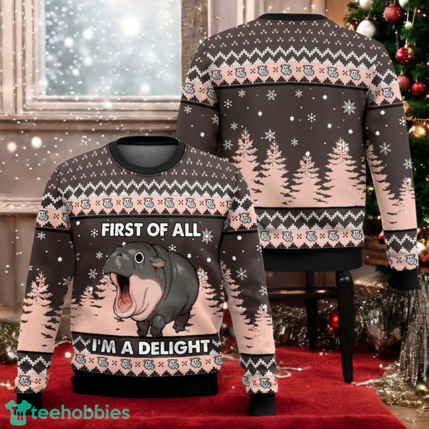 Funny Hippo Ugly Christmas Sweater Cute Animal Holiday Sweater