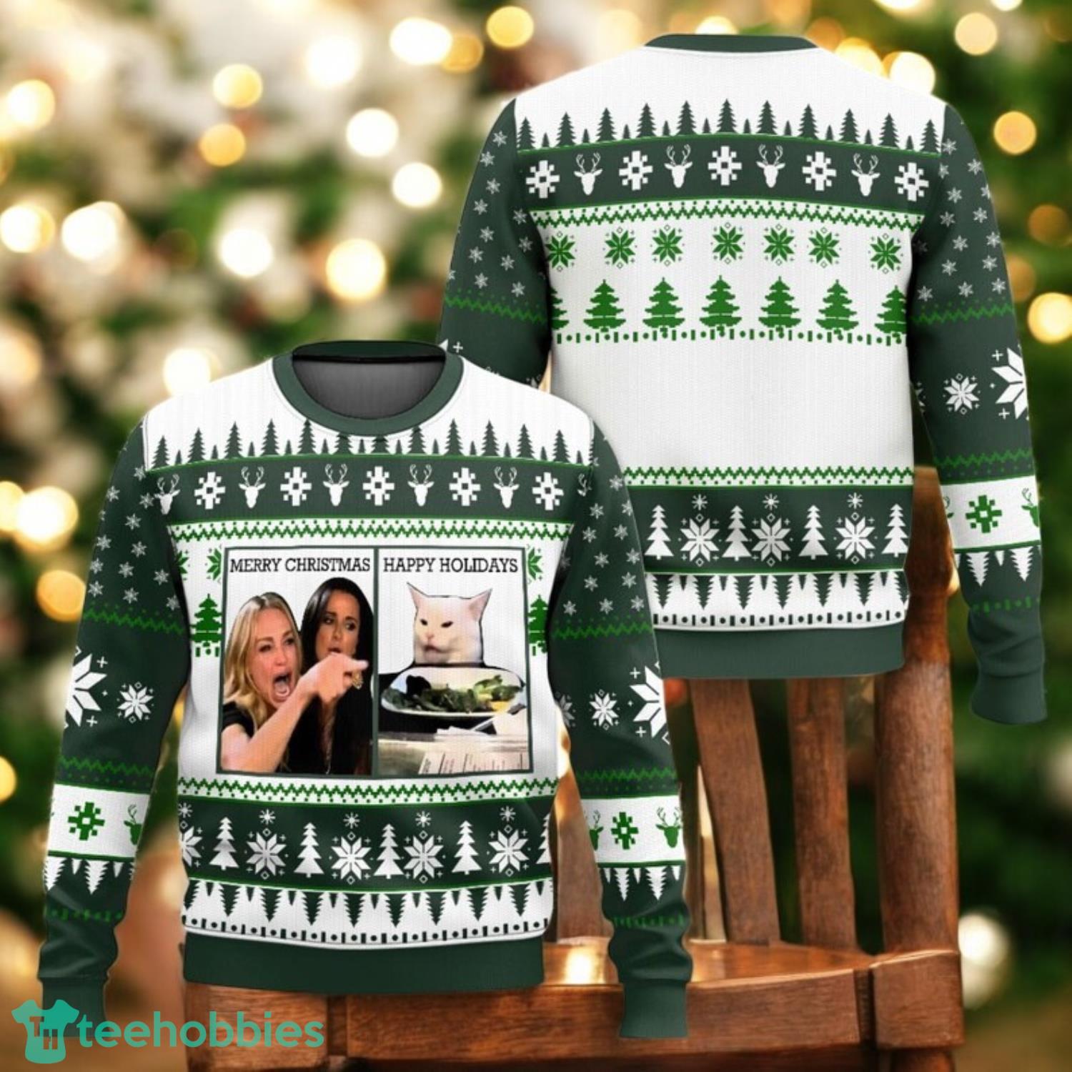 Funny Meme Cat Ugly Christmas Sweater Woman Yelling at Cat Holiday Sweater