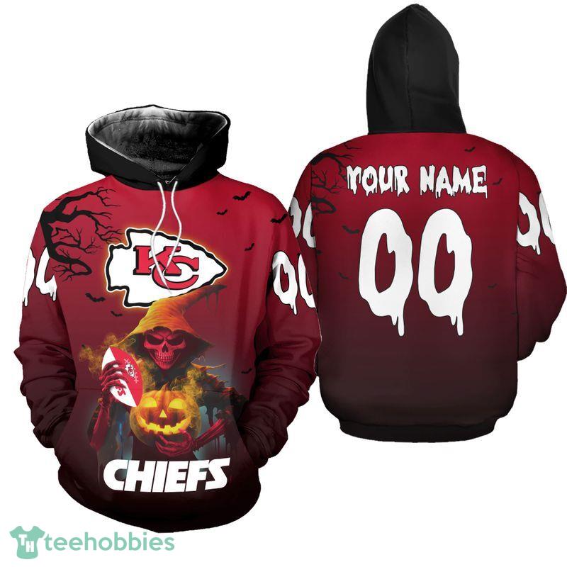 Gift Style Kansas City Chiefs Death Halloween Woven 3D Hoodie Custom Number And Name