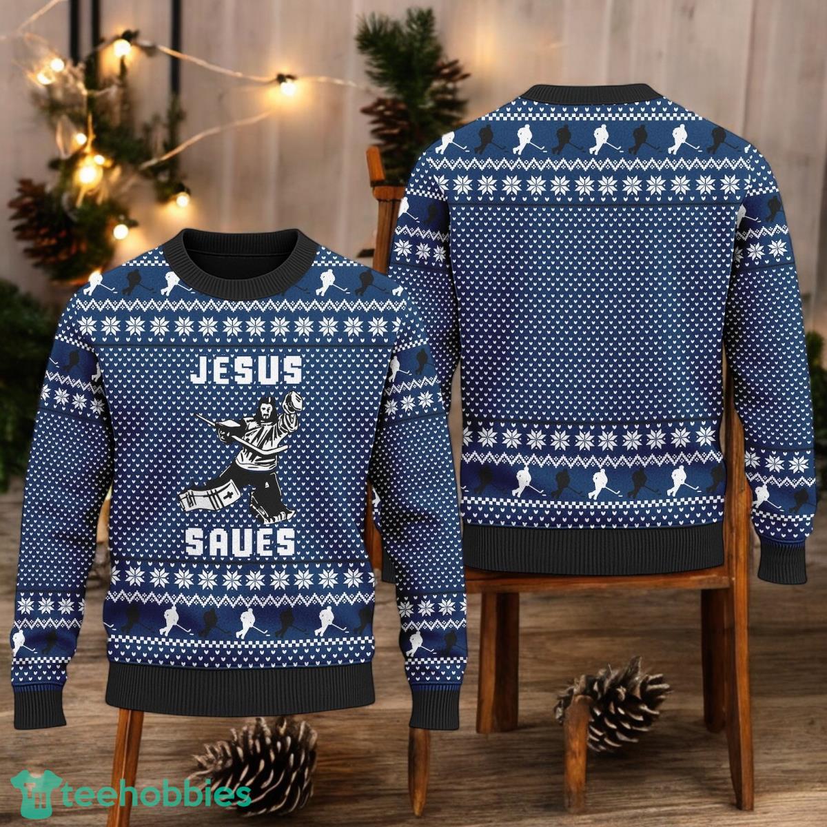 Hockey Jesus Saves Ugly Christmas Sweater Hockey Team Christmas Xmas Holiday Sweater