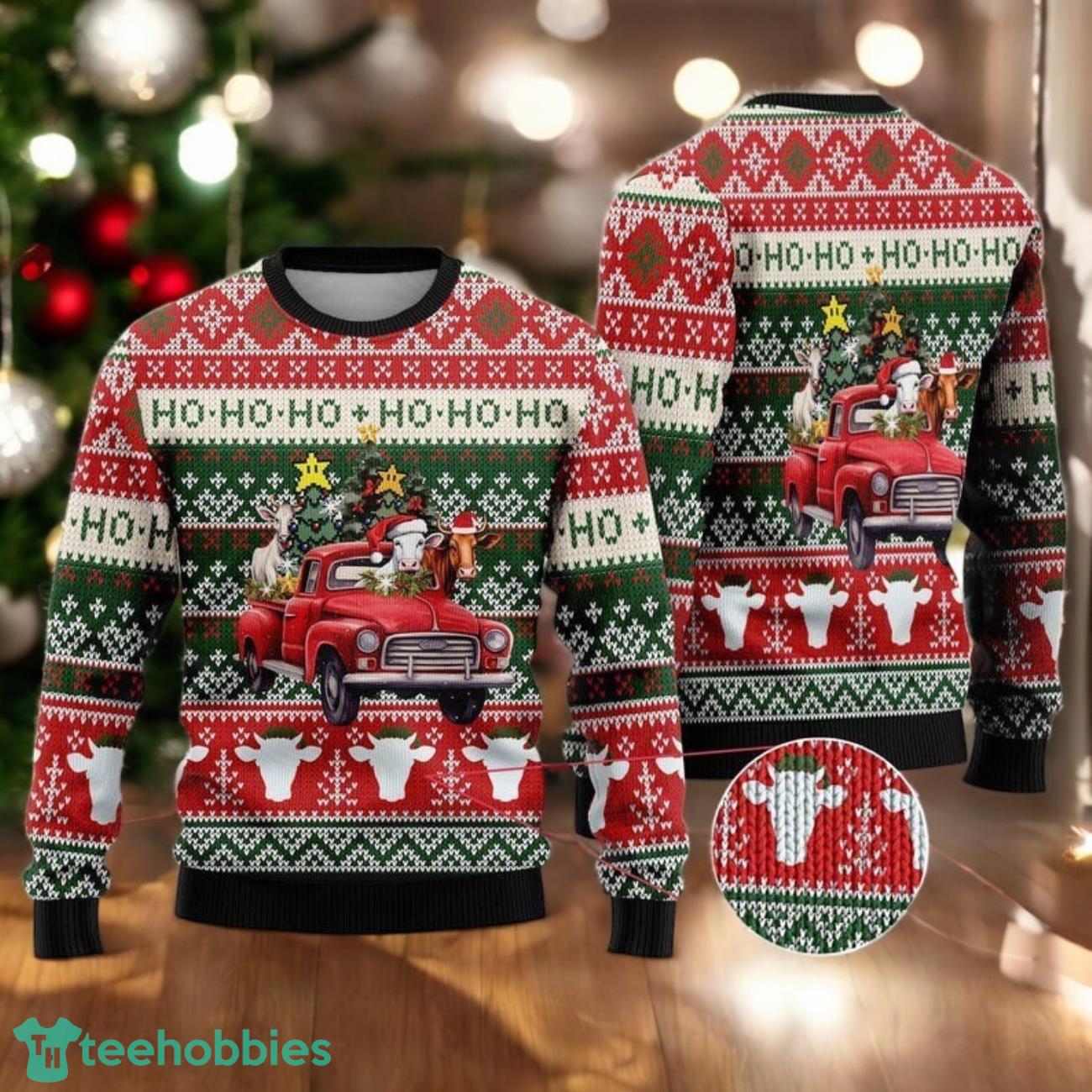 Holy Cow on Red Truck Ugly Christmas Sweater Funny Farm Holiday