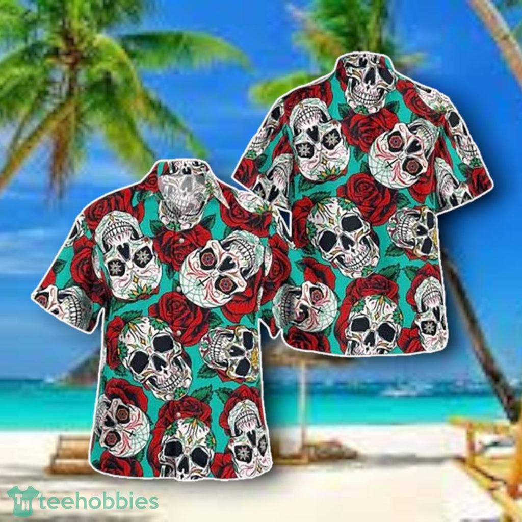 Horror Roses Skull On Mint Background 3D Hawaiian Shirt Style Gift