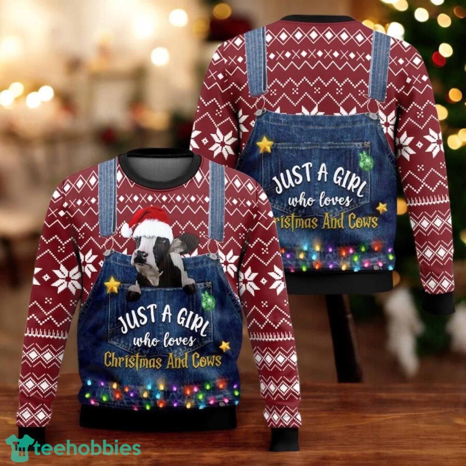 Just A Girl Who Loves Christmas And Cows Sweater Farm Cow Ugly Xmas Sweater