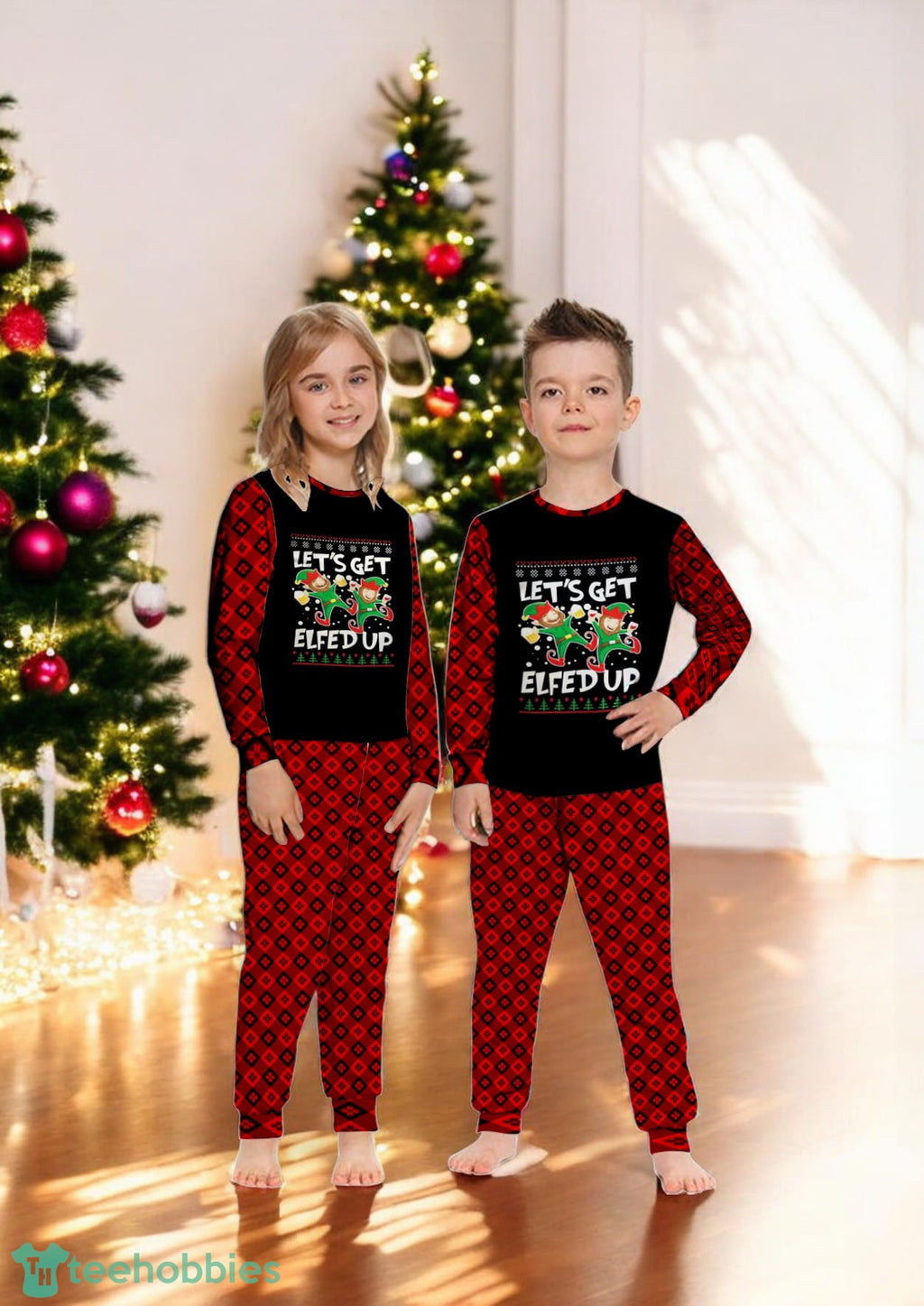 Let’s Get Elfed Up Funny Christmas Elves Beer and Wine Family Matching Pajama Set
