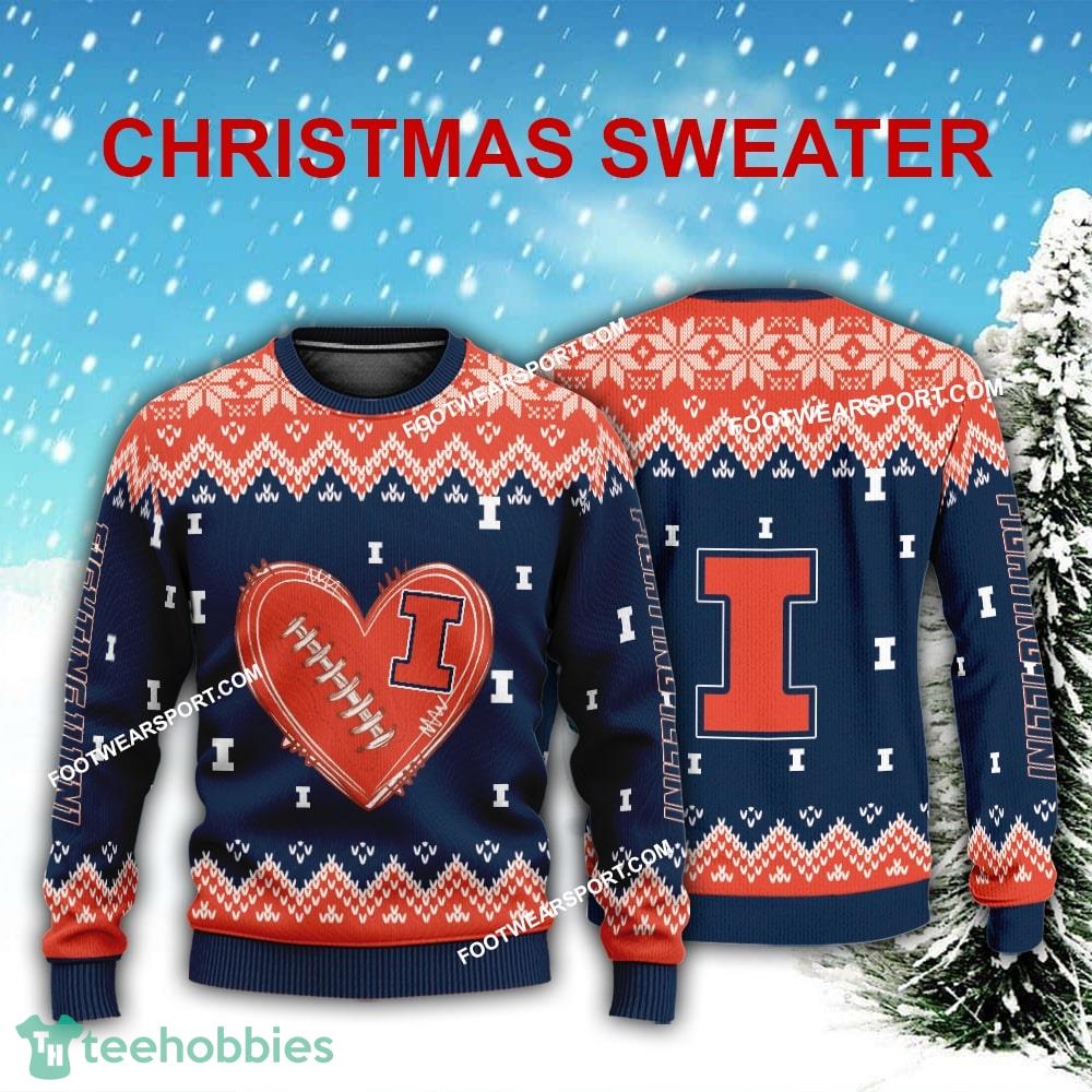 Logo Pattern Heart Football Illinois Fighting Illini Christmas Sweater For Men Women