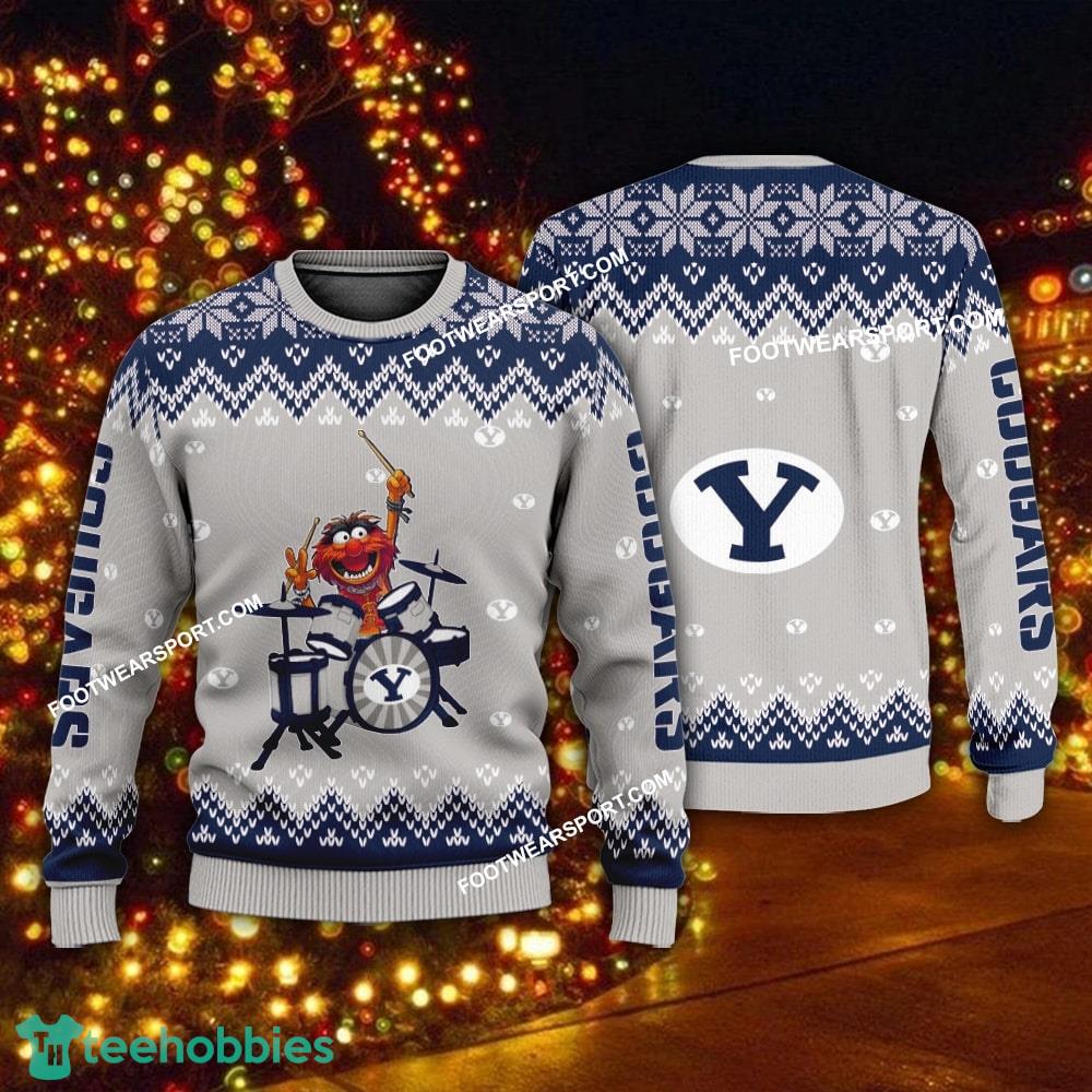 Logo Pattern Muppets Play Drums BYU Cougars Christmas Sweater For Men Women