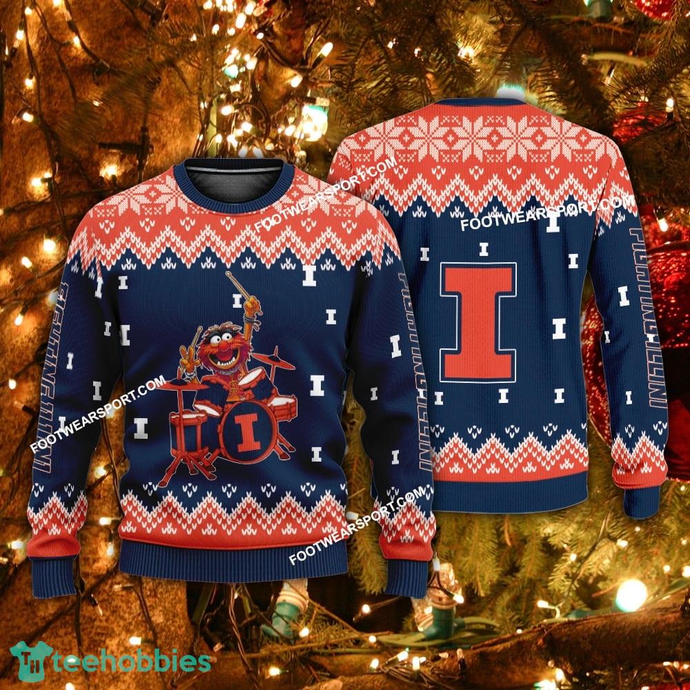 Logo Pattern Muppets Play Drums Illinois Fighting Illini Christmas Sweater AOP For Men Women