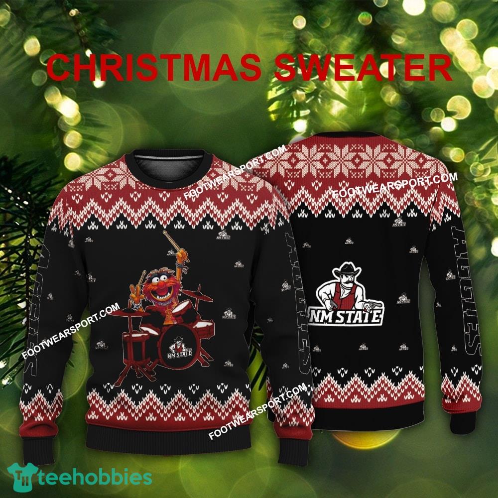 Logo Pattern Muppets Play Drums New Mexico State Aggies Christmas Sweater AOP Gift For Adult