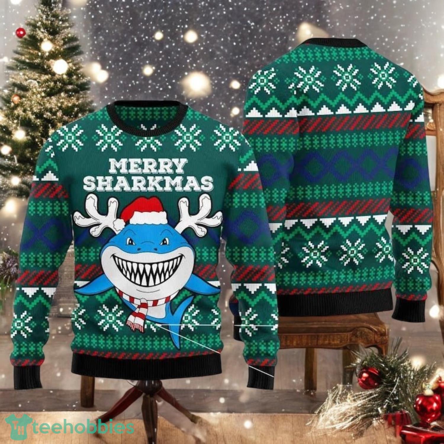 Merry Sharkmas Ugly Christmas Sweater Funny Shark Reindeer Holiday Sweater