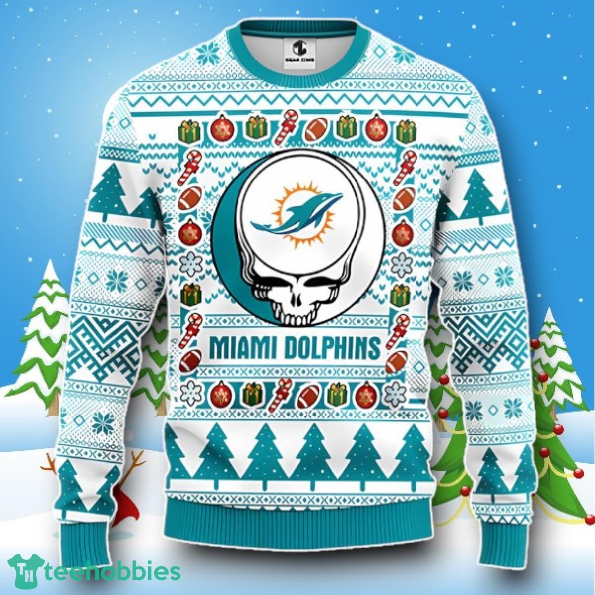 Miami Dolphins Grateful Dead Rock Band Ugly Christmas Sweater Style Gift